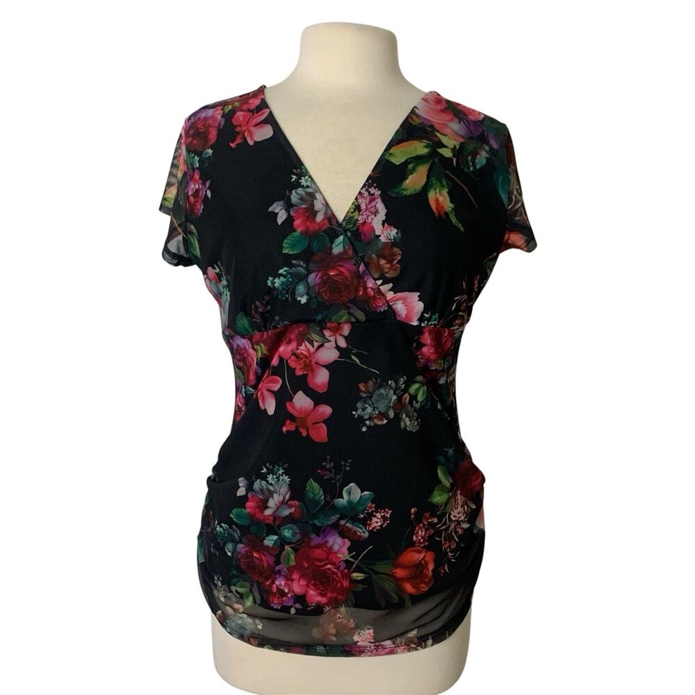 Black Floral Mesh Top L Ruched Y2K Stretch Sheer Cap Sleeve Lined Fairycore